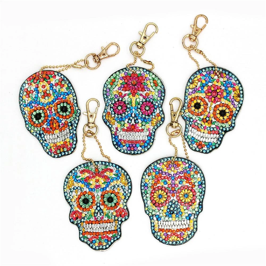 5Pcs Diy Full Special Shaped Diamond Painting Kit, Skull Keyring Unique Shining Drill Rhinestones Craft Gifts