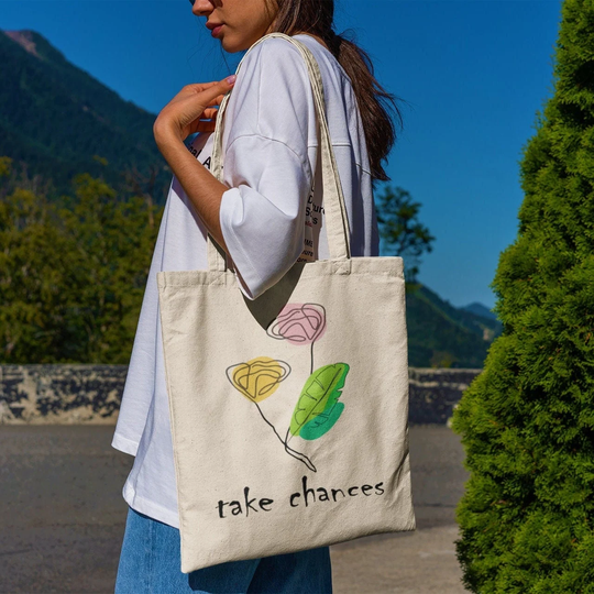 Take Chances Tote Bag -Aesthetic Tote Bag, Plant Line Art Tote, Vegan Gift, Plant Lover Print, Plant Bag, Leaf Bag