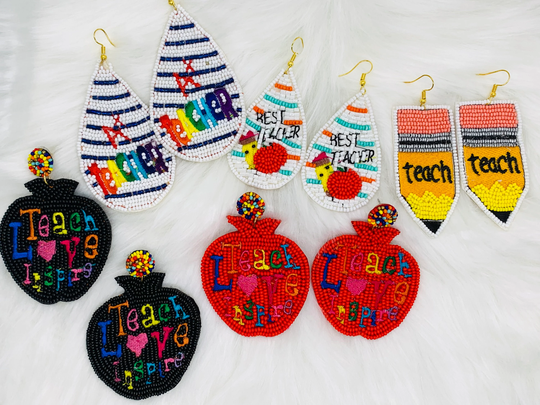 Beaded Teacher Earrings, Pencil Apple Accessories, Jewelry, Gift