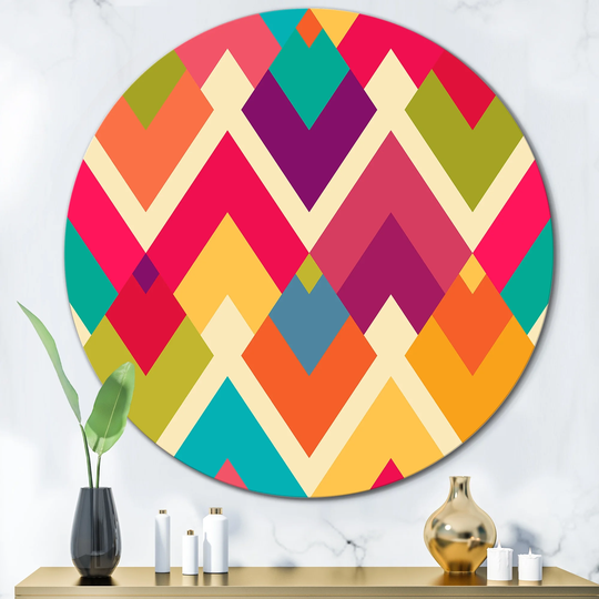 Designart 'Rhombus Geometrics In Retro Colors I' Patterned Metal Circle Wall Art