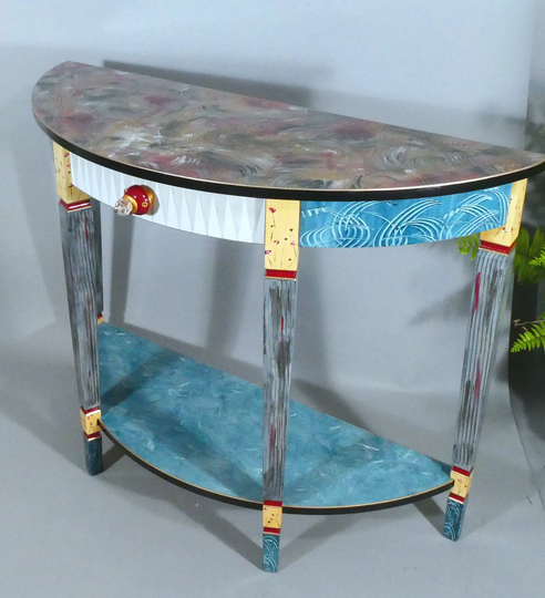 G || Demi-Lune Console Table W-Shelf-Drawer | Hand-Painted 43x16x33H As Shown Or Custom Colors