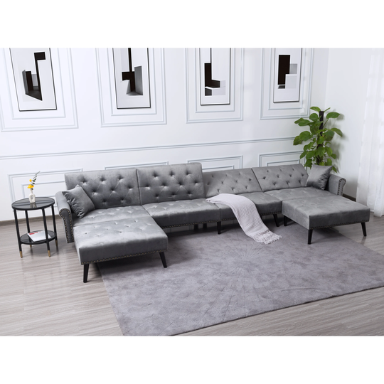 150" Symmetrical Sectional Sofa with 2 Pillows & Chaise, U-Shape Nailhead Decor Corner Sofa Convertible Sleeper Velvet Couch Bed
