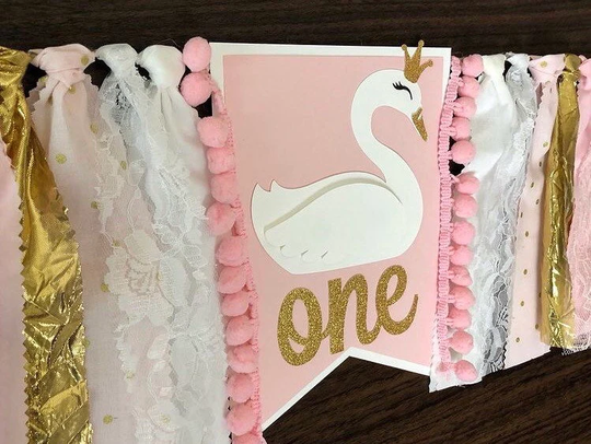 Swan High Chair Banner, First Birthday, Cake Smash Birthday Decor