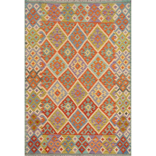 Trellis Colorful Kilim Oriental Area Rug Flat-weave Wool Carpet - 5'2"x 6'7"