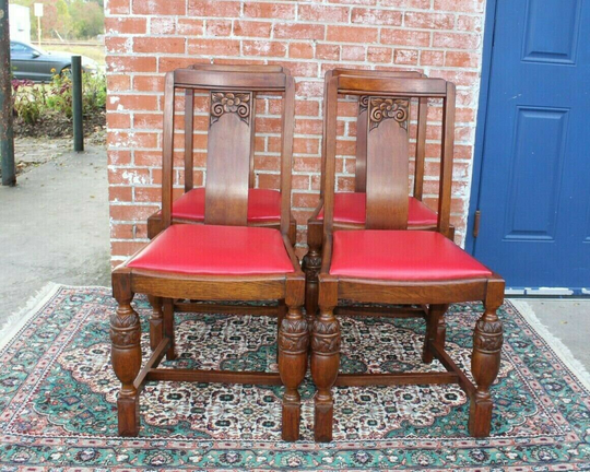 Set Of 4 English Antique Oak Art Deco Chairs - Red