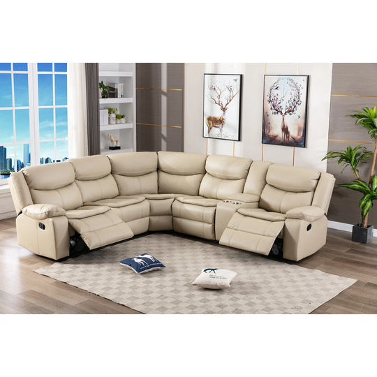 L Shape Breath Leather Manual Reclining Sectional Sofa Set, Cream