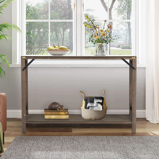 2 Tiers Storage Shelf Console Table Brown Sofa Table with R-shape Side Iron Sheet End Table for Living Room,Bedroom,Hallway