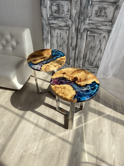Set Of 2 Tables, End Side Reclaimed Table, Industrial River Resin, Lake Table, Work From Home, Coffee Table