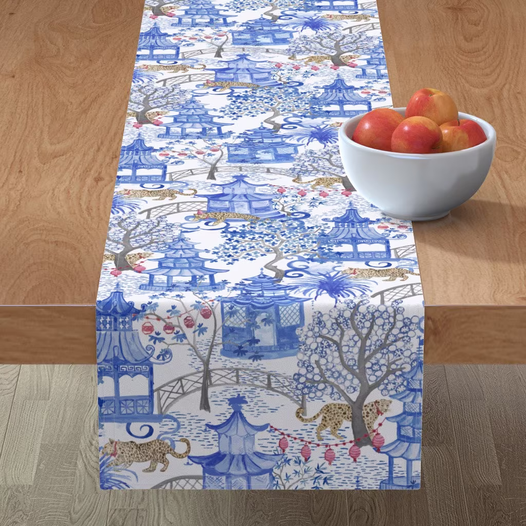 Blue Chinoiserie Table Runner - Party Leopards & Pagodas By Danika Herrick Whimsical Cats Cotton Sateen Spoonflower