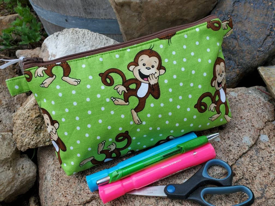 Monkey Pencil Pouch, Personalized School Supply Bag, Fabric Zipper Bag, Pouch, Monkey Makeup Cosmetic Bag