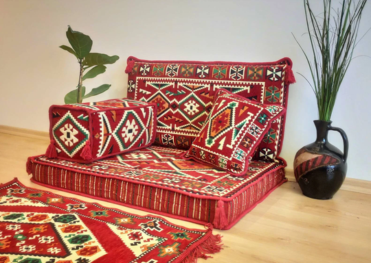 Small Floor Futon Seat, Meditation Chair, Boho Balcony Futon, Single Red Cushion, Minimalist Arabic Style Pillow, Small Sofa