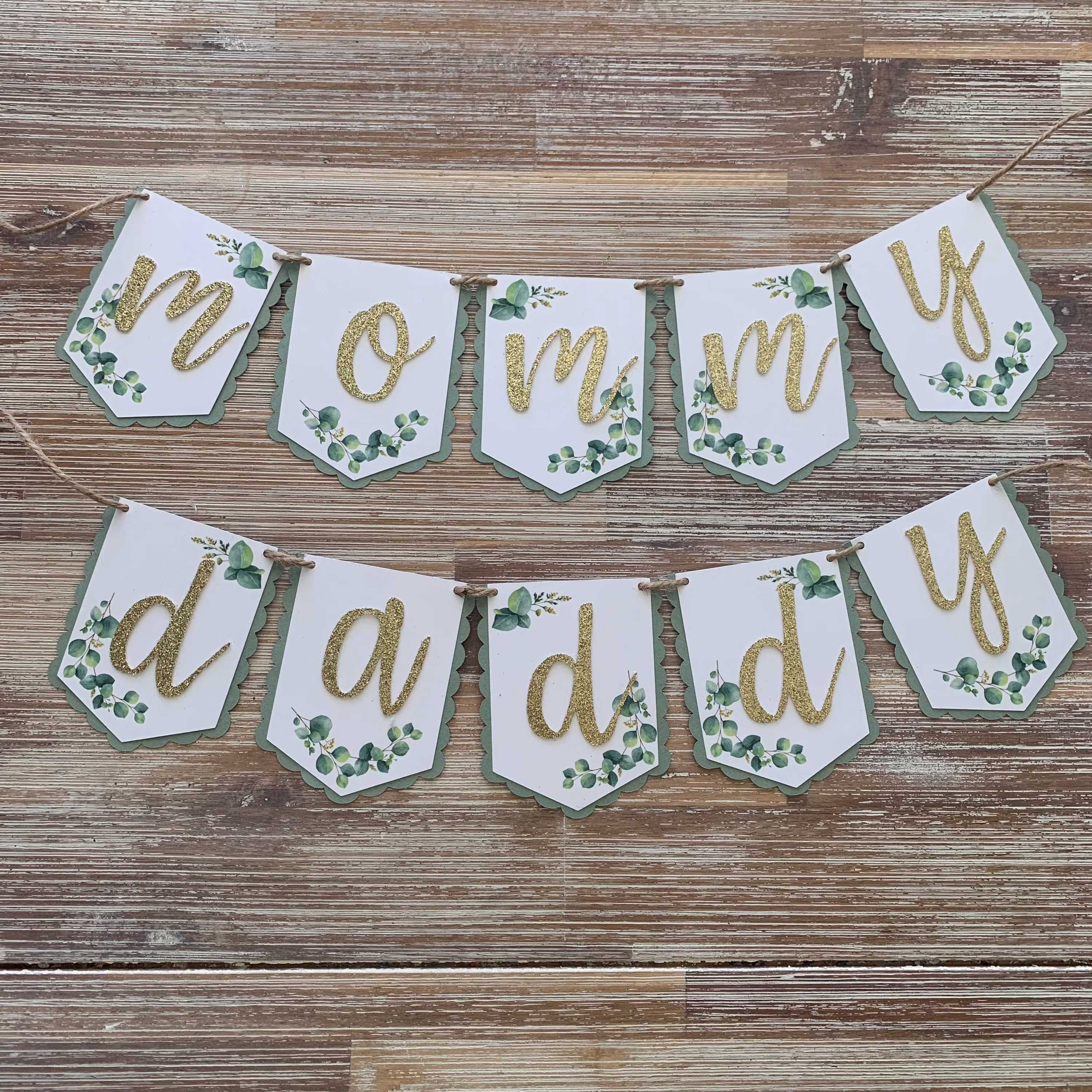 Sage Eucalyptus Chair Banner For Baby Shower - Sage Green, White, Eucalyptus Leaves Mommy Daddy