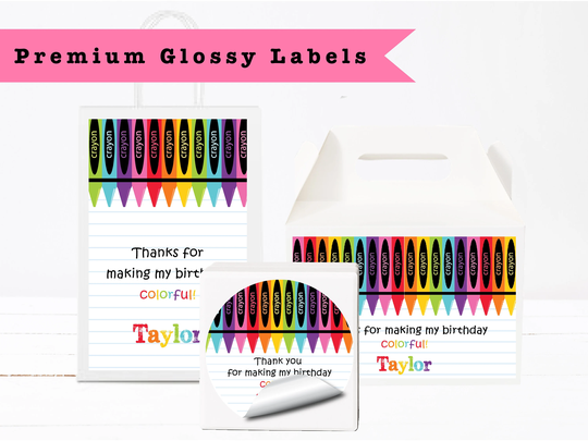 Coloring Crayon Art Colorful Rainbow - Printed Glossy Labels For Party Favor Gift Bag Gable Box Round Square Stickers