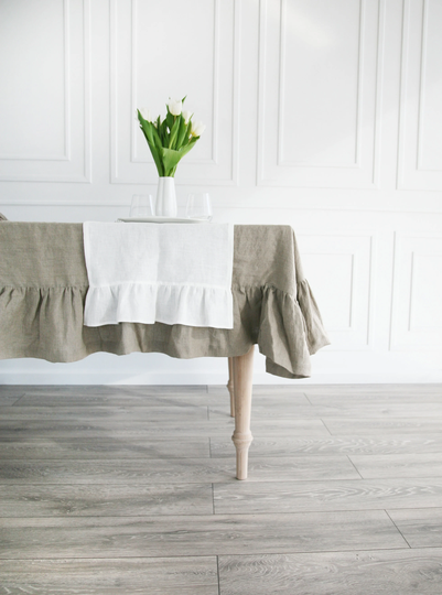 Ruffled Table Runner, Custom Runner From Organic Linen Fabric, Boho With Ruffle, Base Ruffled Ends