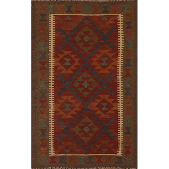 Geometric Kilim Oriental Area Rug Hand-woven Multi-Color Wool Carpet - 3'3" x 5'2"