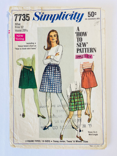 Simplicity 7735 Waist 25.5" Vintage 1960S Sewing Pattern 1968 60S Pencil A-Line Knee Length Mini Skirt