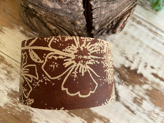 Distressed Leather Cuff-Create Your Own - Wide Cuff-Distressed Leather-Word Cuff-Cream Florals & Starbursts