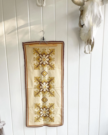 Unique Vintage Embroidered Brown Table Runner. Cloth
