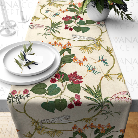 White Tiger Print Table Runner - Wild Animals & Tropical Leaves Linens Big Cats Decorative Home Decor Linen Various Sizes