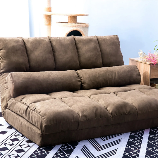 Double Chaise Lounge Sofa Floor Couch and Sofa with Two Pillows, Brown