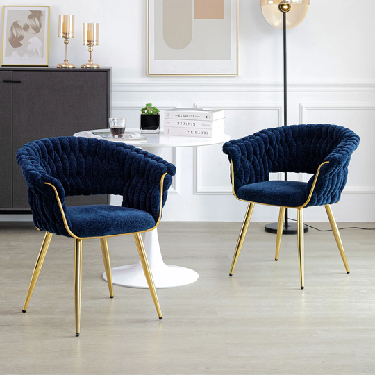 Chenille Accent Chairs Upholstered Living Room Chair with Woven Back - Set of 2