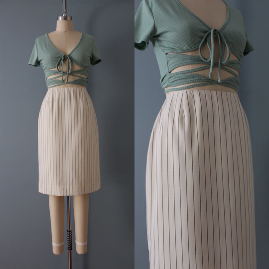Vanilla Pinstriped Skirt | 90S Dana Buchman Wool Mini Vanilla White Pencil
