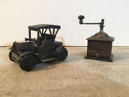Vintage Novelty Pencil Sharpeners, Model T, Coffee Grinder, Miniature Die Cast Metal Sharpener