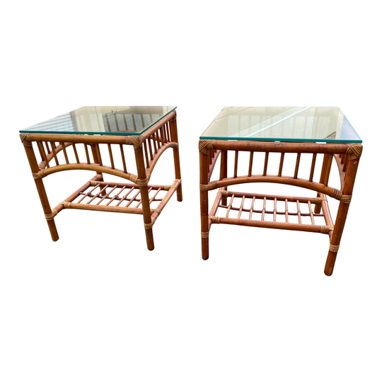 1970S Mid Century Bamboo Side Tables With Glass Tops - A Pair