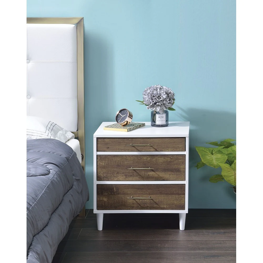 Night Table in White & Weathered Oak Occasional Rectangular Table Storage: 3 Drawers Wooden Frame Wood Tapered Leg