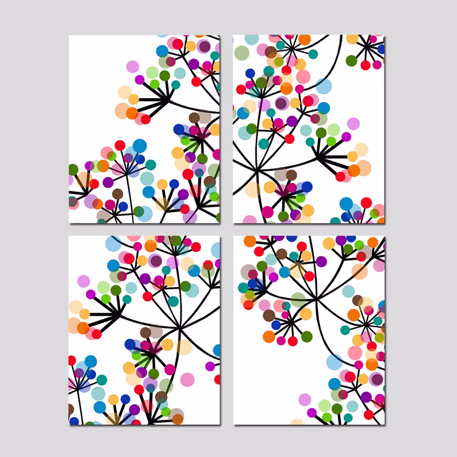 Modern Colorful Botanical Art - Set Of Four Prints Or Canvas Original Design Dots, Floral, Geometric Wall Art