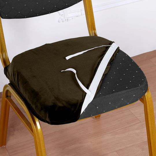 stretch Dining Chair Seat Cover, Pad Velvet Cushion Protector With Tie - Chocolate