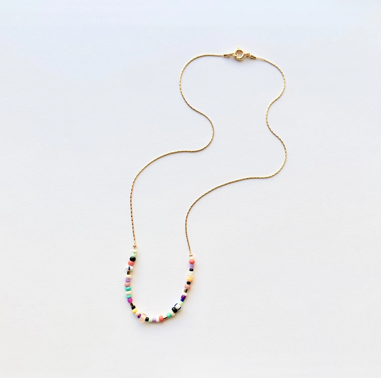 Colorful Seed Bead Necklace, Multi-Color Beaded Bright Gold Chain Chunky Necklace