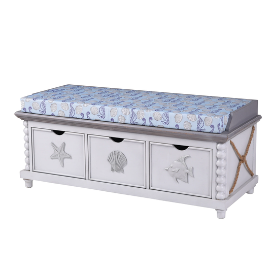 Porch & Den Seavey White and Blue Ocean Motif 3-drawer Storage Bench