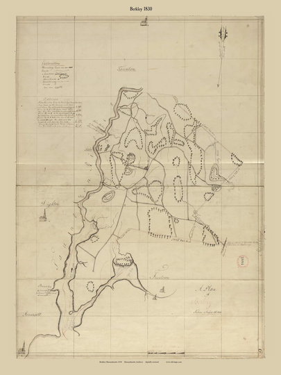 Berkley 1830 Town Plan - Old Roads Map Reprint Restored Massachusetts Archives Ma