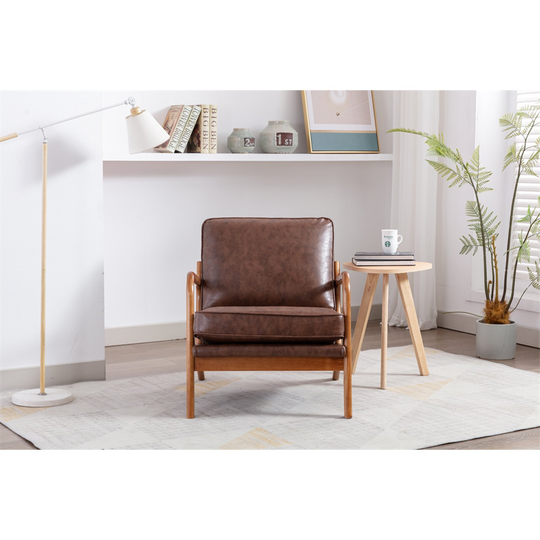 Lounge Arm Chair, Mid Century Modern Accent Chair, Wood Frame Armchair for Living Room, Bedroom, Brown PU Leather