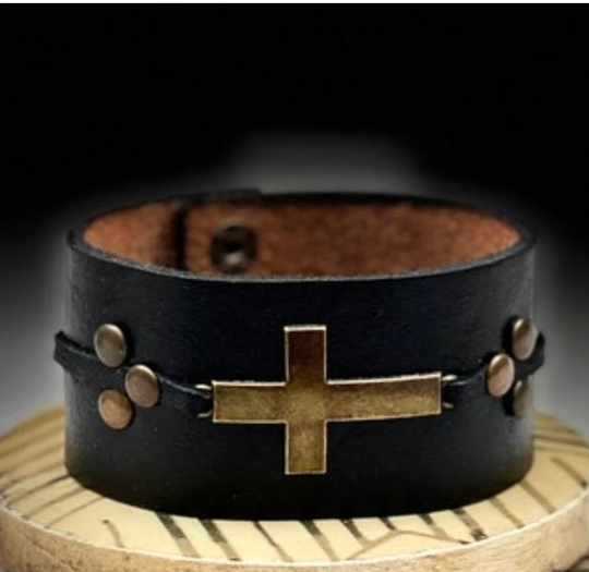 Christmas Gift For Cross Shape Wide Leather Bracelet Him Personalized Men Black Friday Sale