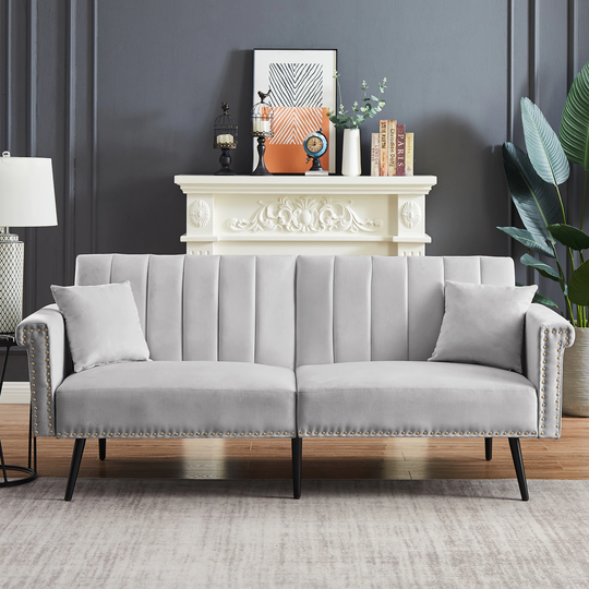 Velvet Upholstered Sofa Bed Loveseat Sofa, Modern Sleeper Sofa with Nailhead Trim & 2 Pillows