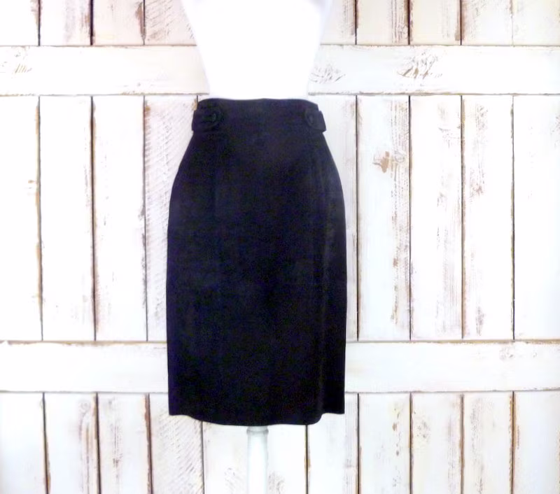 Vintage Black Suede Leather Fitted Pencil Skirt/High Waisted Long Skirt/Medium