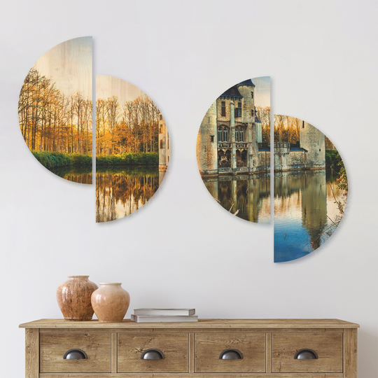 Designart 'Fairytale Medieval Castles' Landscape Wood Wall Art Set of 4 Half Circles - Multi-Color