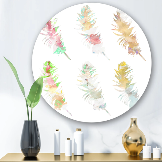 Designart 'Vibrant Boho Feather In Rustic Bright Colors' Bohemian & Eclectic Metal Circle Wall Art