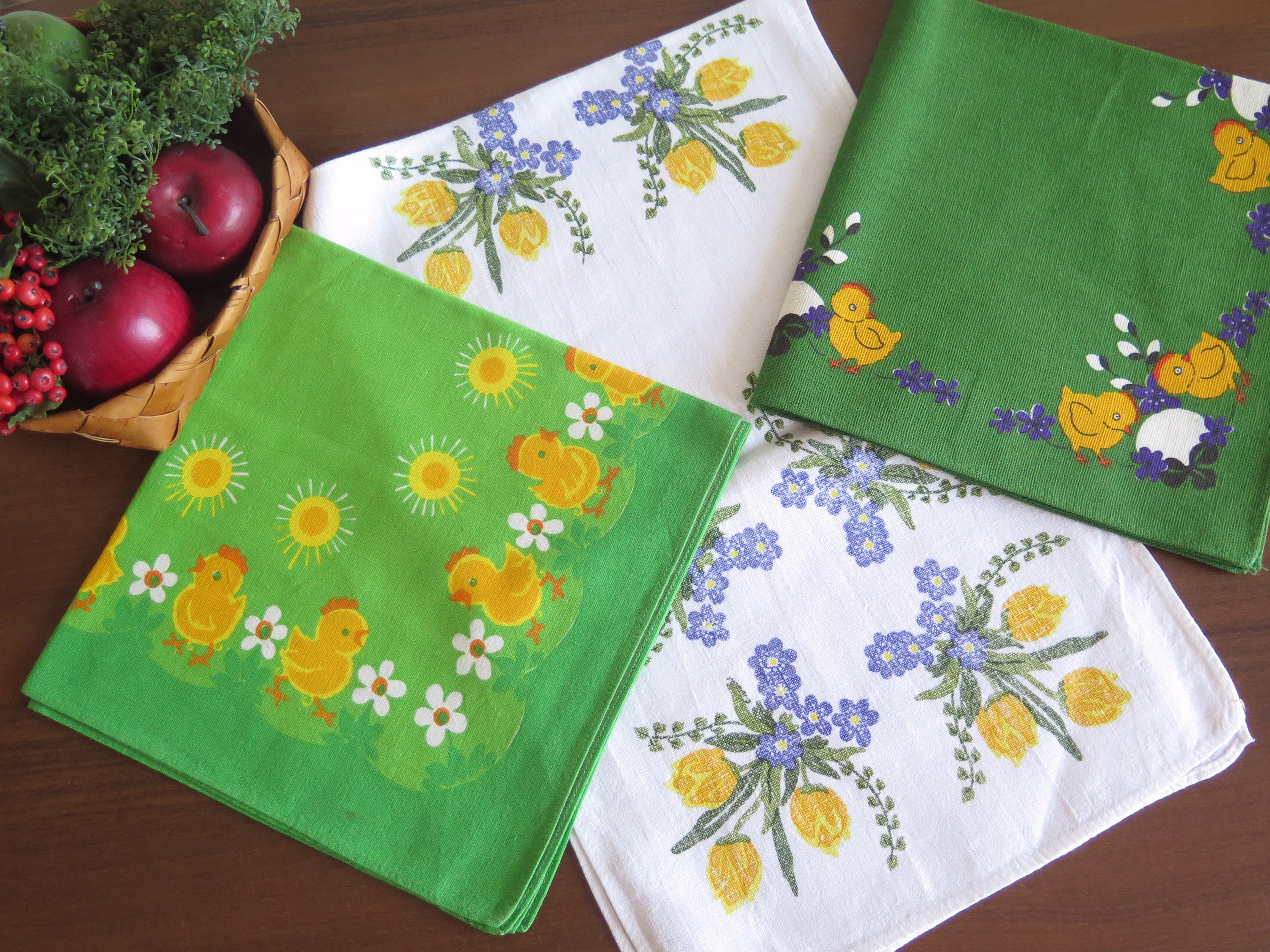 Vintage Easter Table Cloths/Runner, Set Of 3, Scandinavian Home Interior, Eggs Yellow Chicks #5-17-17