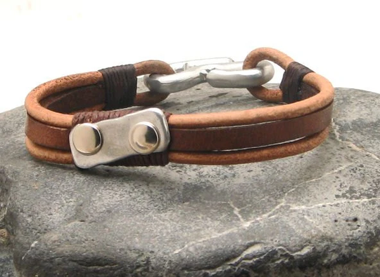 Leather Bracelet Gift, Custom Jewelry. Men's Leather Natural With Hammered Metal Work Buckle & "S" Clasp