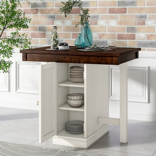 Farmhouse Counter Height Dining Table, Square Wood Table with 3-Tier Adjustable Storage Shelves and Wine Racks