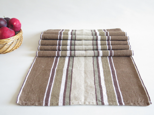 Woven Table Runner Brown Striped Cloth, Scandinavian Home Decor Vintage #4-29-16