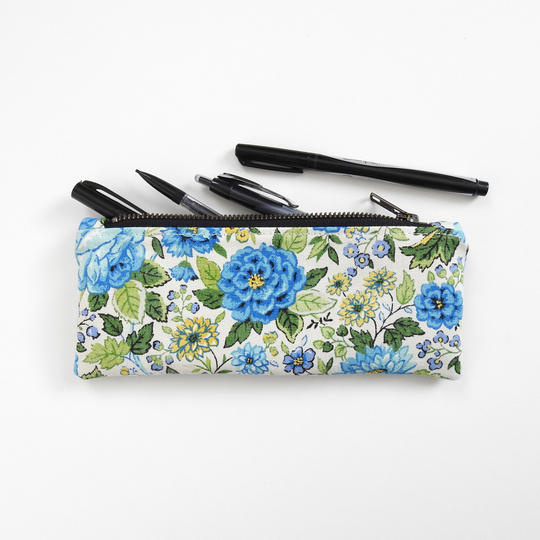 Blue Floral Pencil Case, Zipper Pouch, 1950S Vintage Fabric