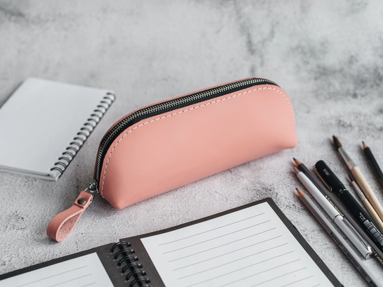 Leather Pencil Case, Zipper Cosmetic Bag, Paint Brush Storage, Custom Pen Pouch, Engraved Tool Organizer, Back To School, Pink Makeup Purse