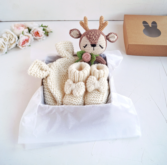 Reindeer Baby Girl Gift Box With Deer Rattle, Beige Hand Knit Bonnet & Booties, Woodland Shower Set