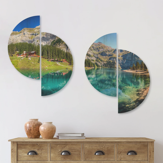Designart 'Lake Oeschinen Switzerland' Landscape Wood Wall Art Set of 4 Half Circles - Multi-Color