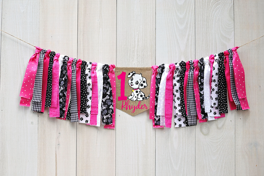 Girl Puppy High Chair Banner, Pink Dalmatian 1st Birthday Cake Smash