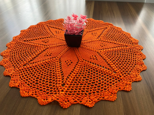 Hand Knitted Lace Coffee Table Or Tablecloth With Cotton Rope, Orange Tablecloth, Vintage Table Cover, Wall Decor, Textile